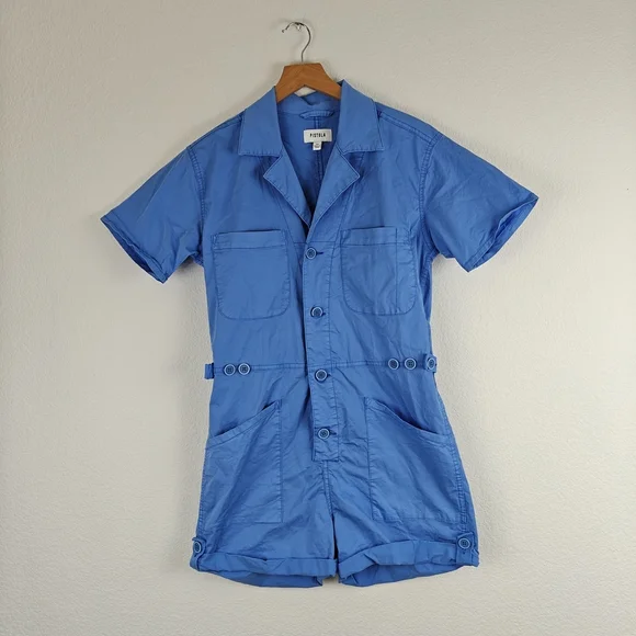 Pistola Nwot PARKER Button Up Short Sleeve Romper In Azure Blue Size XS Women's